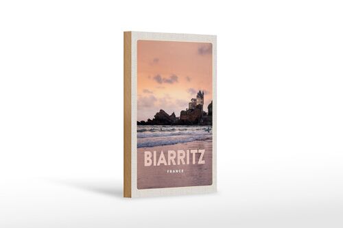 Holzschild Reise 12x18cm Biarritz France Felsenschloss Meer