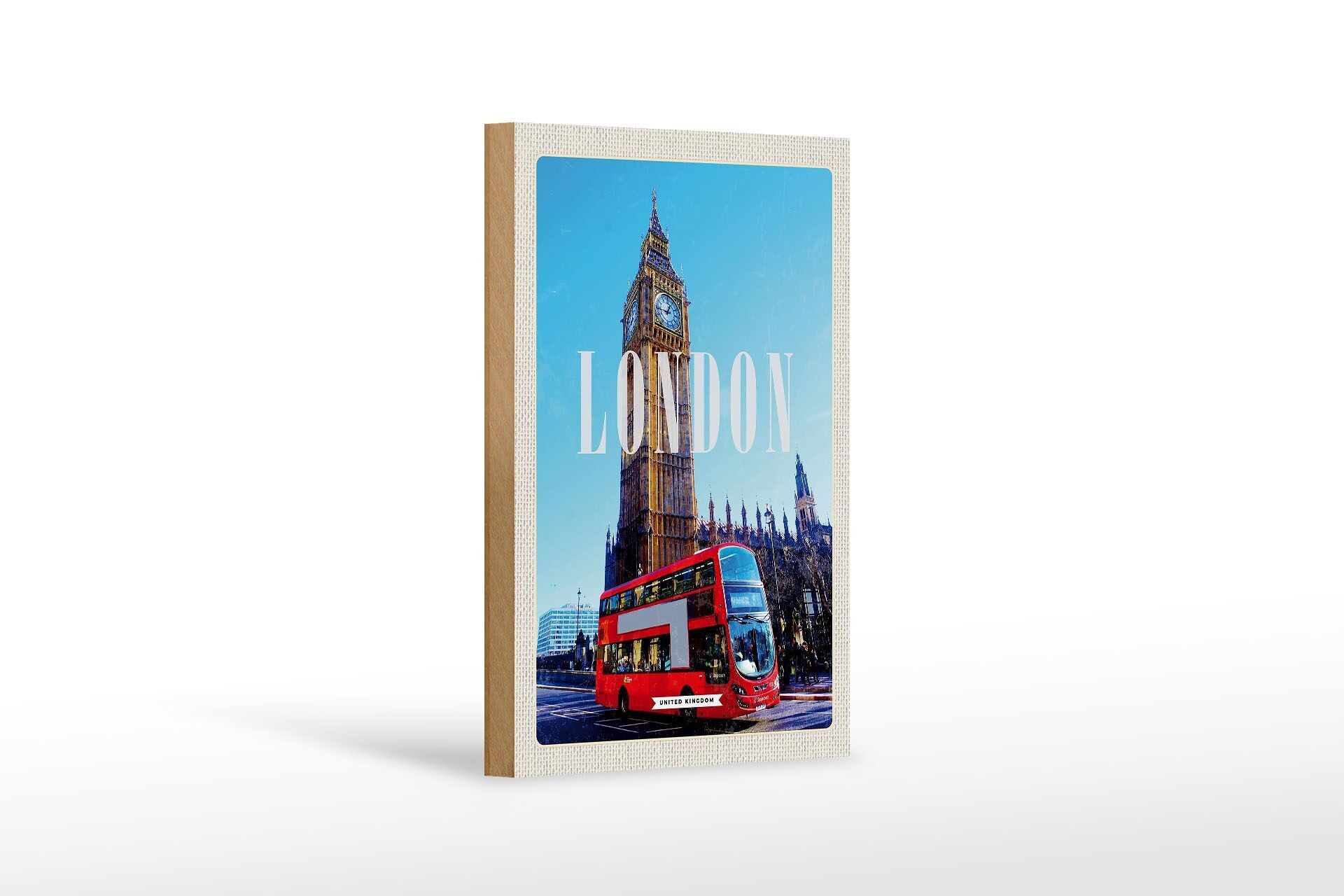 Holzschild Reise 12x18 cm London red Bus roter Bus Big Ben