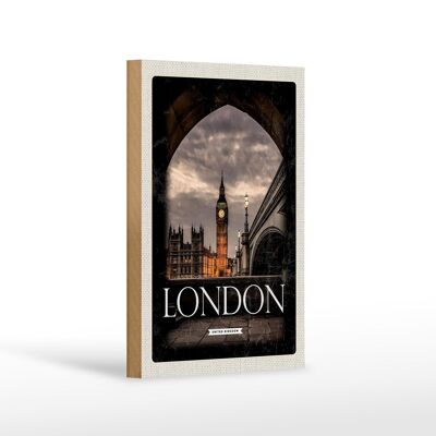 Cartel de Madera Viaje 12x18 cm Londres Reino Unido Big Ben Noche Decoración Retro