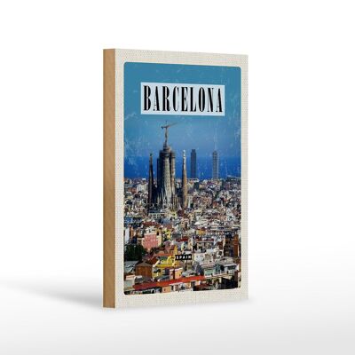 Cartel de madera viaje 12x18 cm Barcelona España vista ciudad