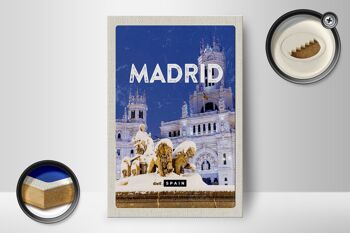 Panneau en bois voyage 12x18 cm Madrid Espagne voyage nocturne d'hiver 2