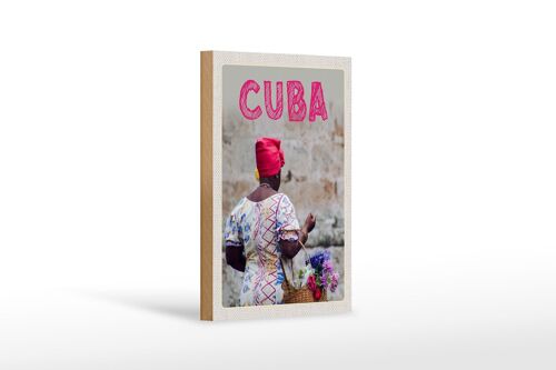 Holzschild Reise 12x18 cm Cuba Karibik Frau Korb mit Blumen