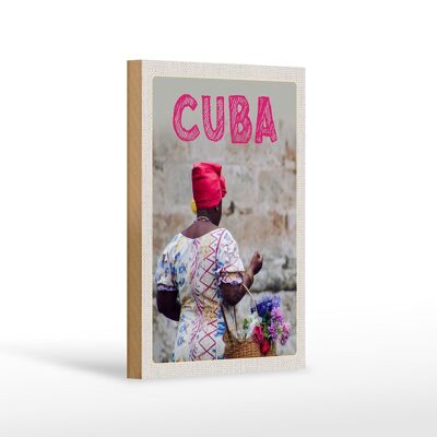 Wooden sign travel 12x18 cm Cuba Caribbean woman basket with flowers