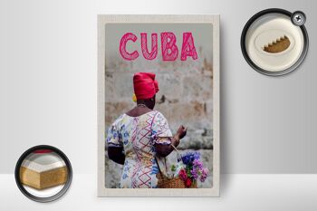 Panneau en bois voyage 12x18 cm Cuba Caraïbe femme panier avec fleurs 2