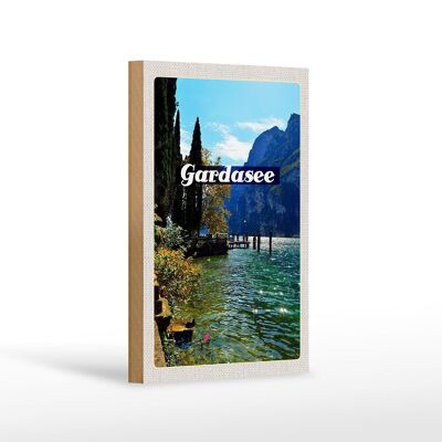 Cartello da viaggio in legno 12x18 cm Lago di Garda Italia decorazione naturale sole