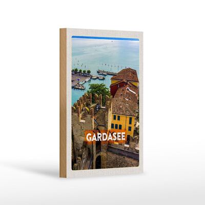 Cartello da viaggio in legno 12x18 cm Lago di Garda Italia barche vista lago