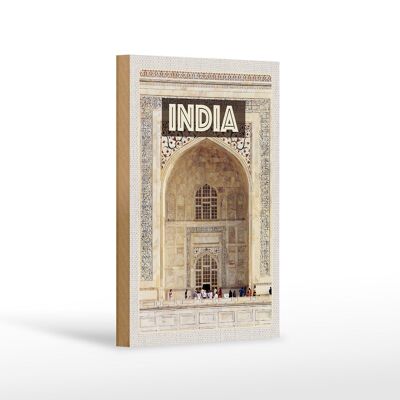Holzschild Reise 12x18 cm Indien Moschee Eingang Islam Menschen