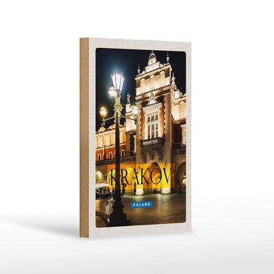 Cartello in legno da viaggio 12x18 cm Cracovia Polonia città di notte lanterna
