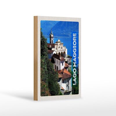 Cartel de madera viaje 12x18 cm Vista al lago Maggiore ciudad costera