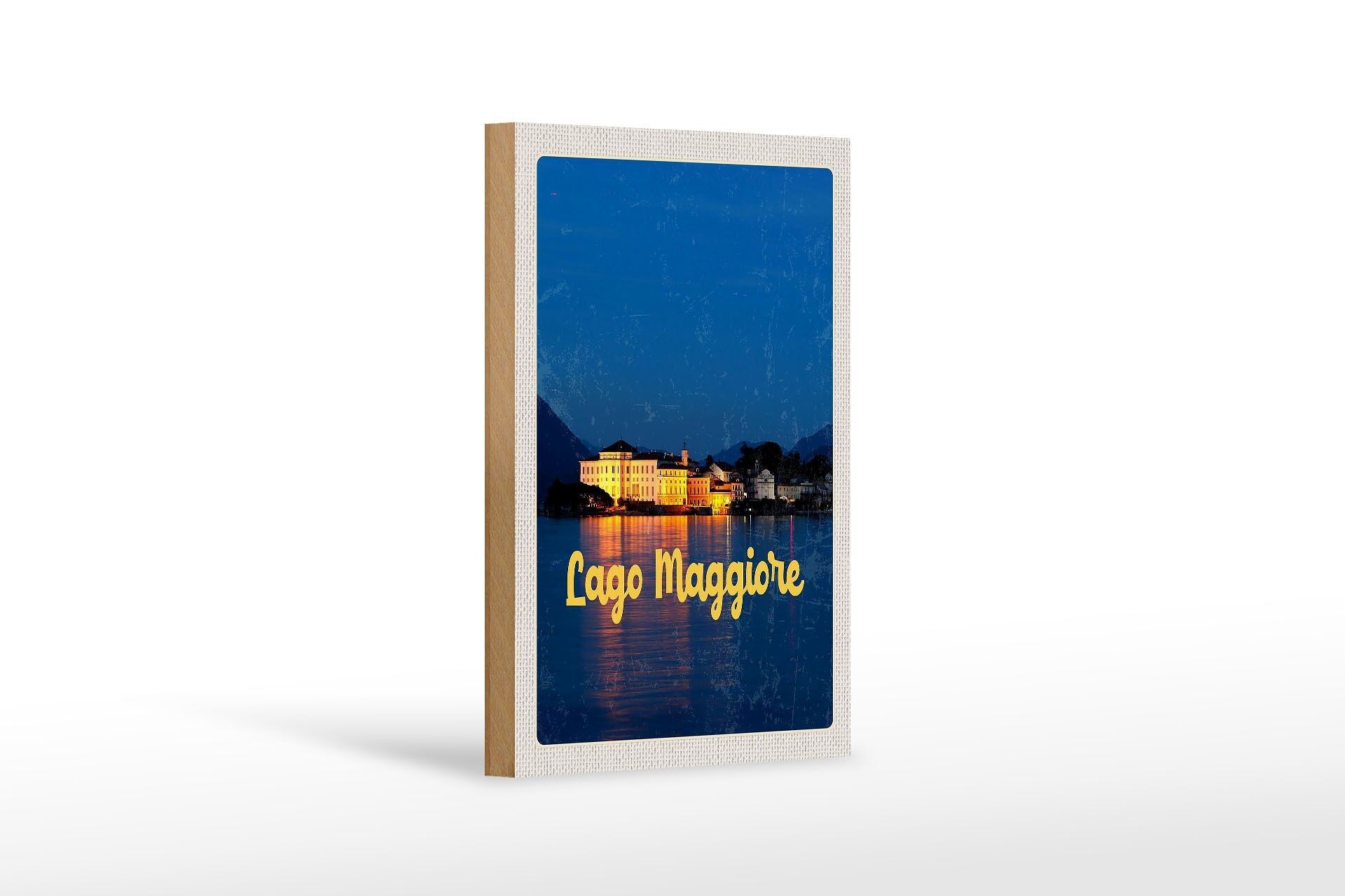 Cartel de madera viaje 12x18 cm Isla del Lago Maggiore en el mar de noche