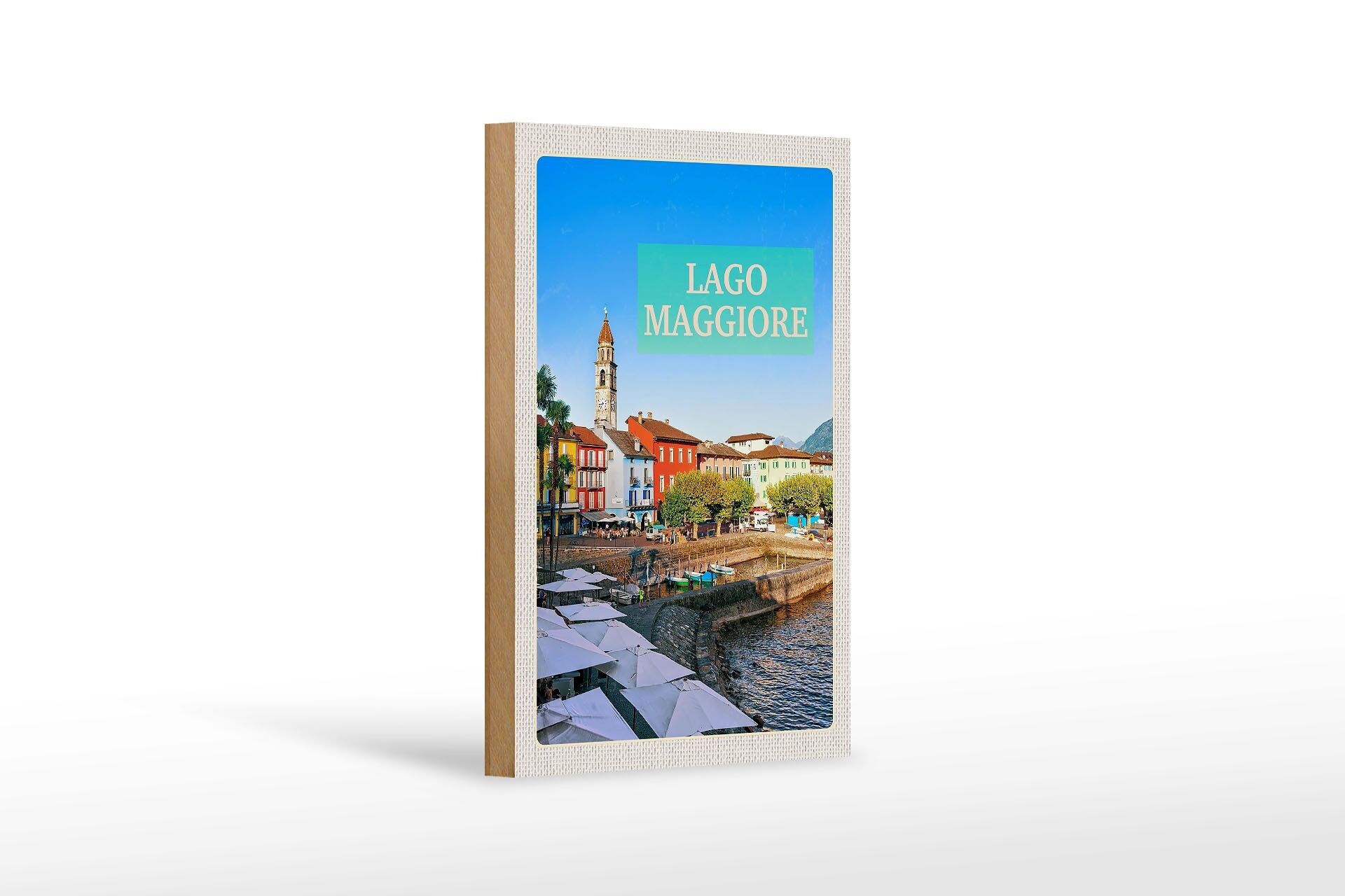 Cartel de madera viaje 12x18 cm Lago Maggiore edificio sombrilla de mar