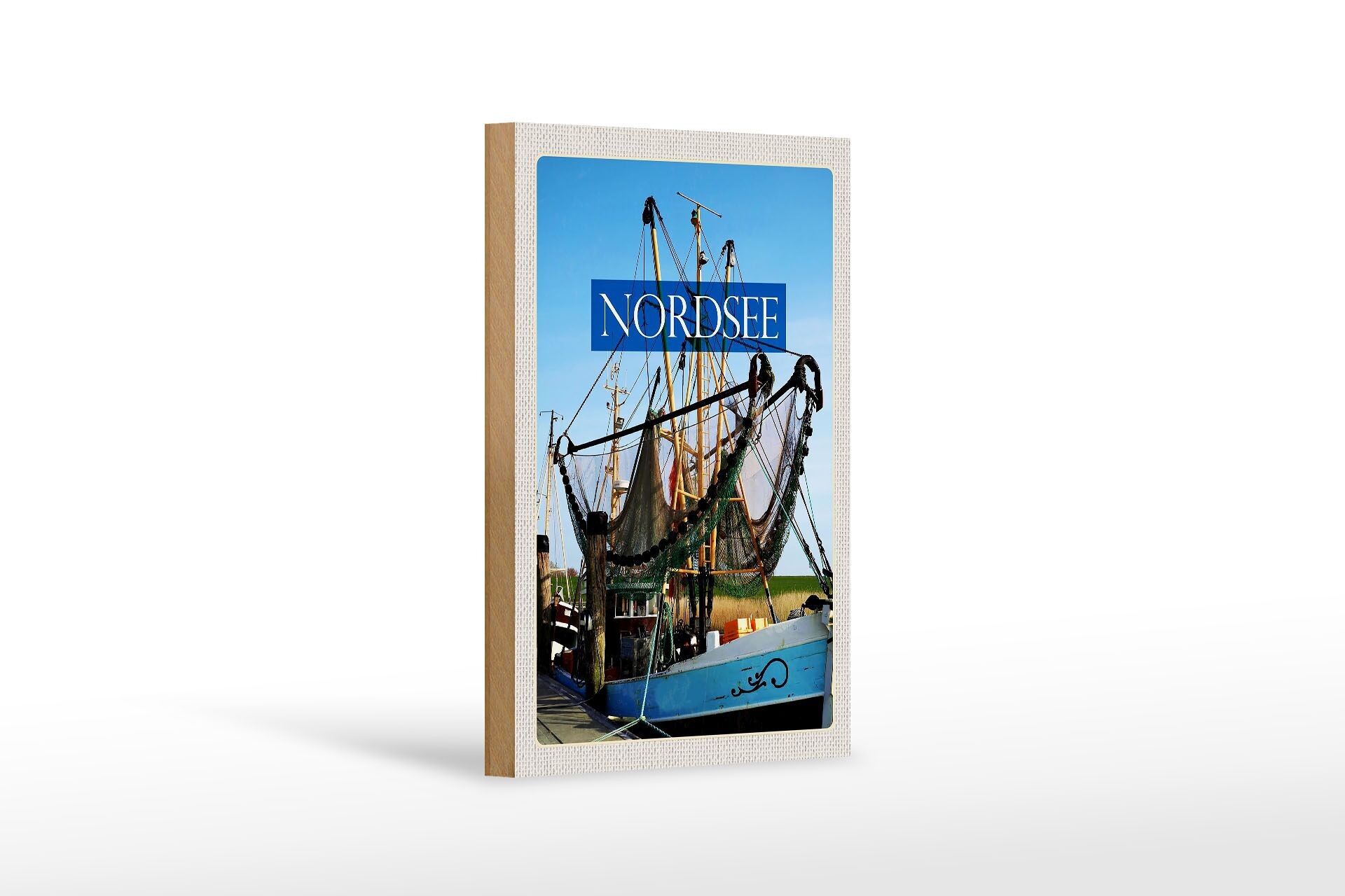 Cartello in legno da viaggio 12x18 cm Barca da pesca Mare del Nord rete da pesca mare