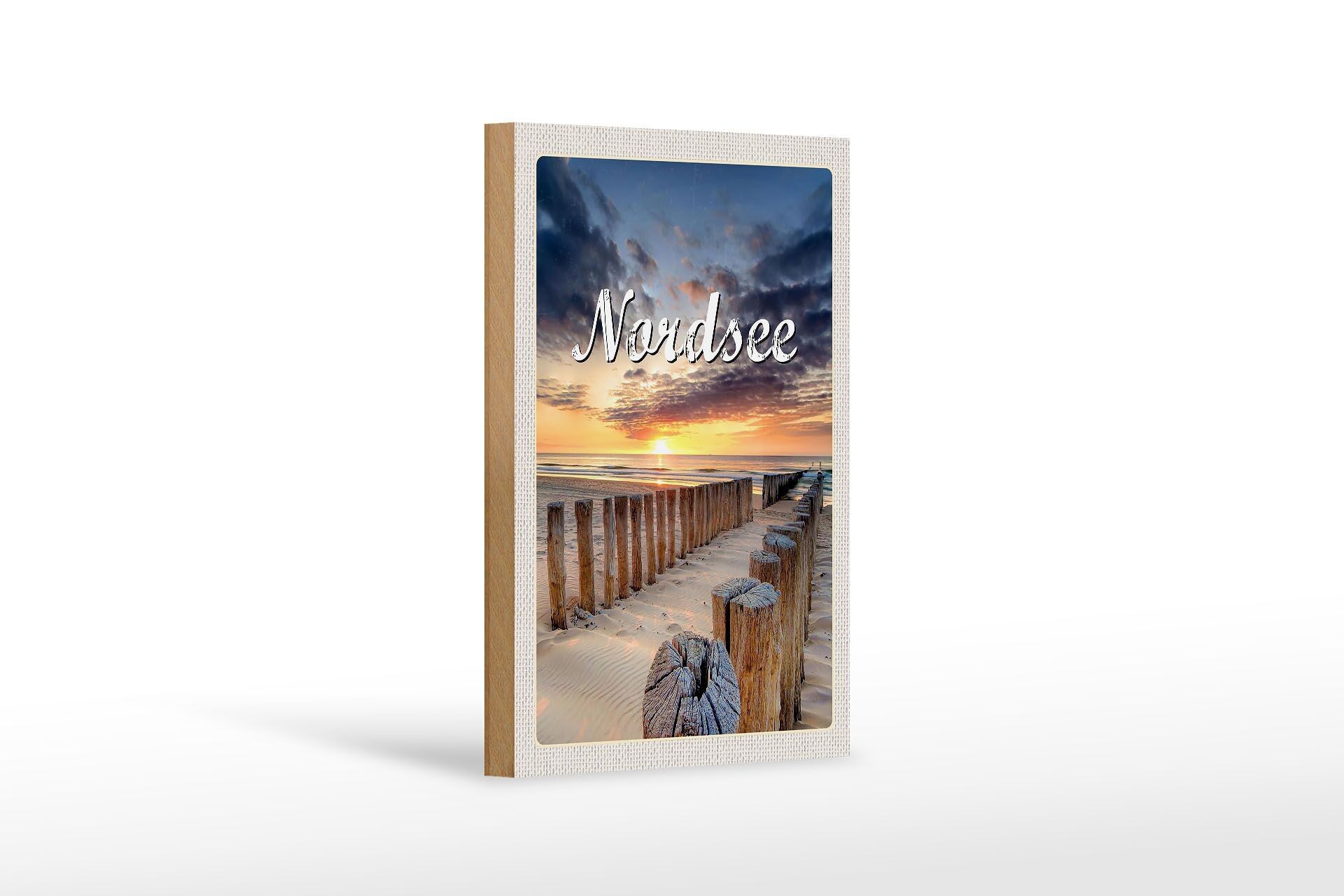 Cartello in legno da viaggio 12x18 cm Serata al tramonto sulla spiaggia del Mare del Nord