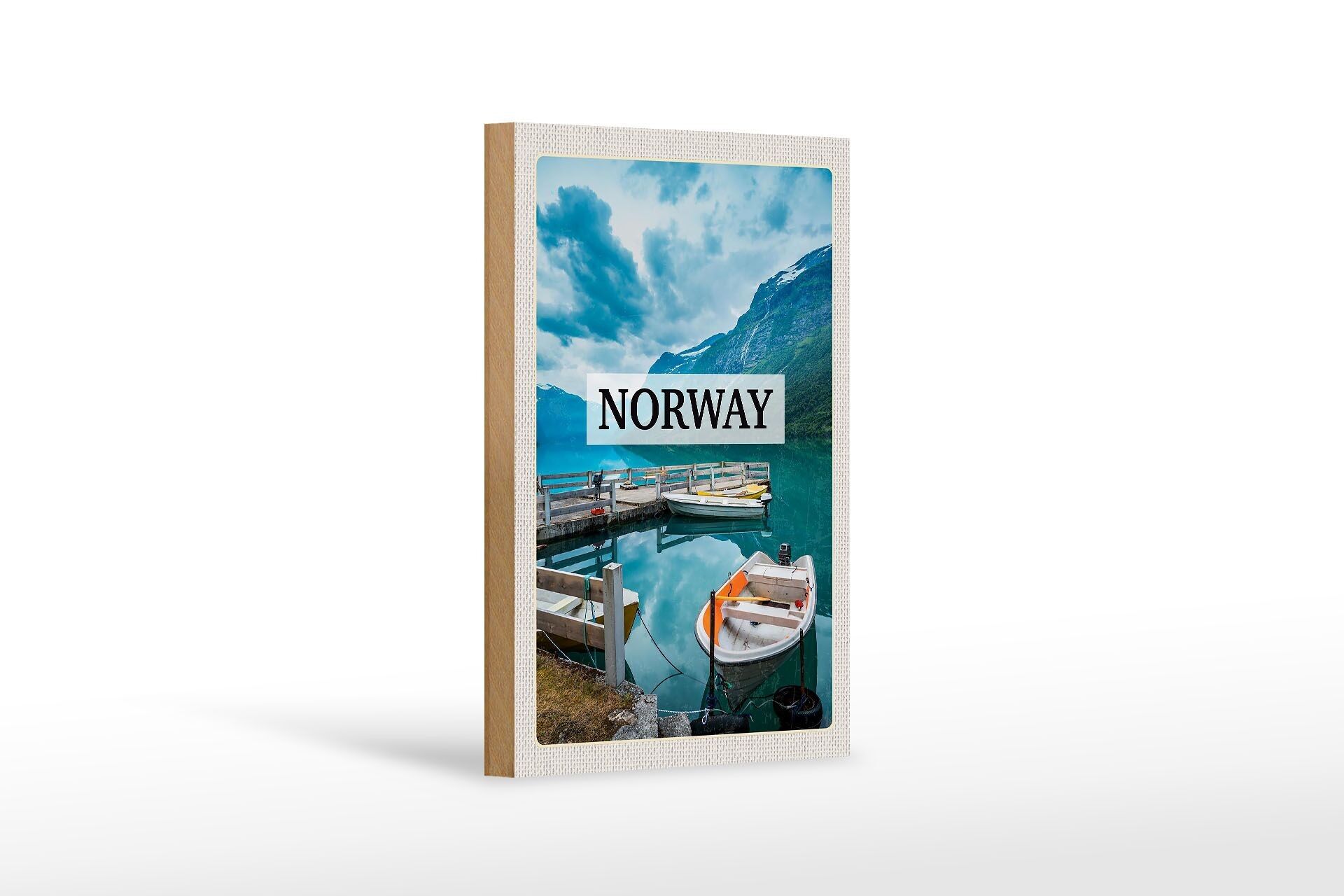 Holzschild Reise 12x18 cm Norwegen Boot Insel Urlaub Trip Dekoration