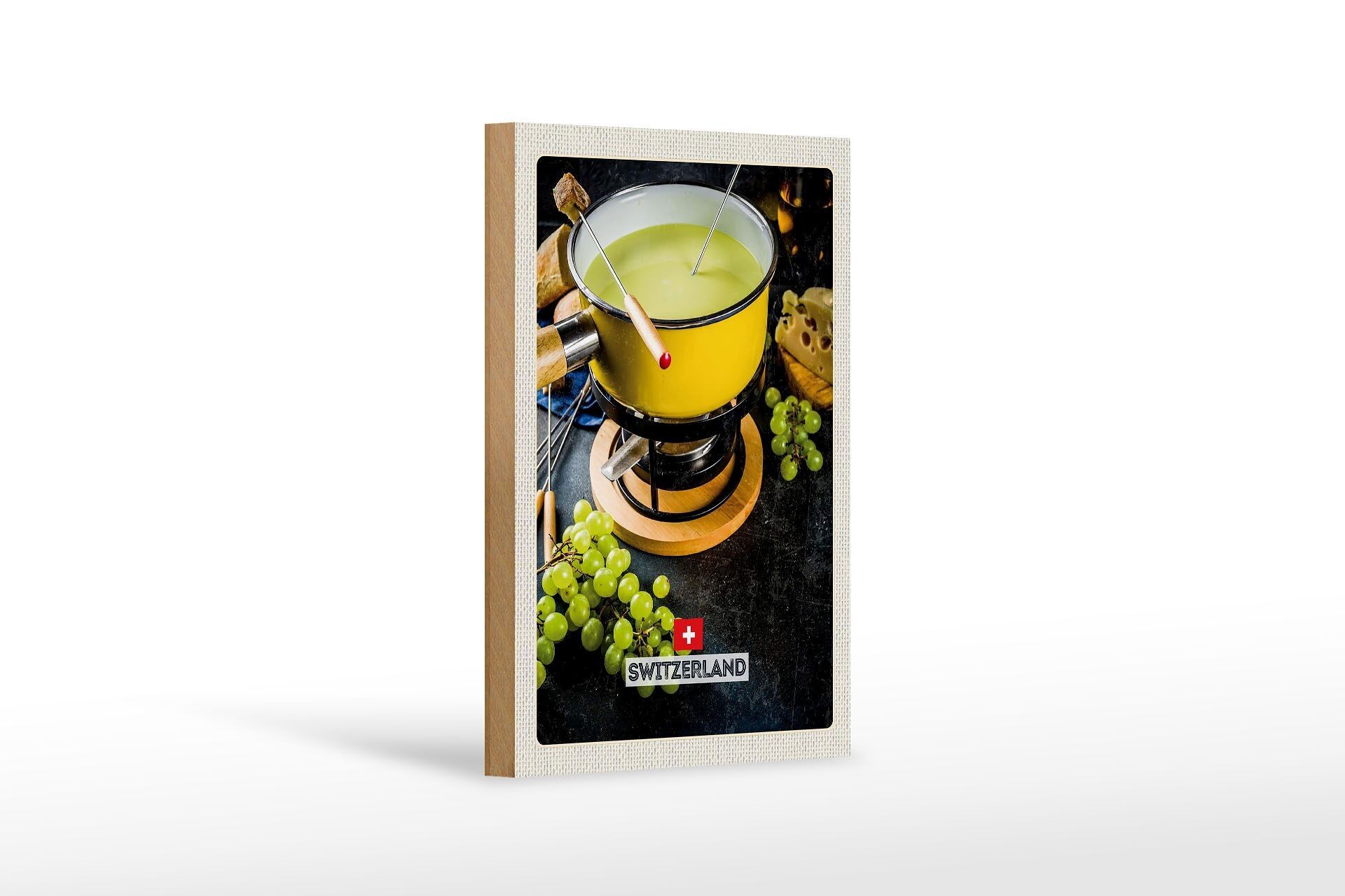 Cartello in legno da viaggio 12x18 cm Svizzera prelibatezze pane formaggio uva