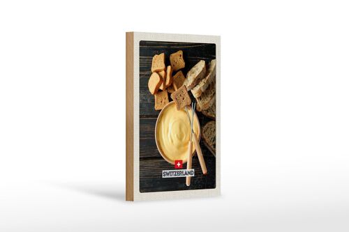 Holzschild Reise 12x18 cm Schweiz Bern Brot in flüssigem Käse