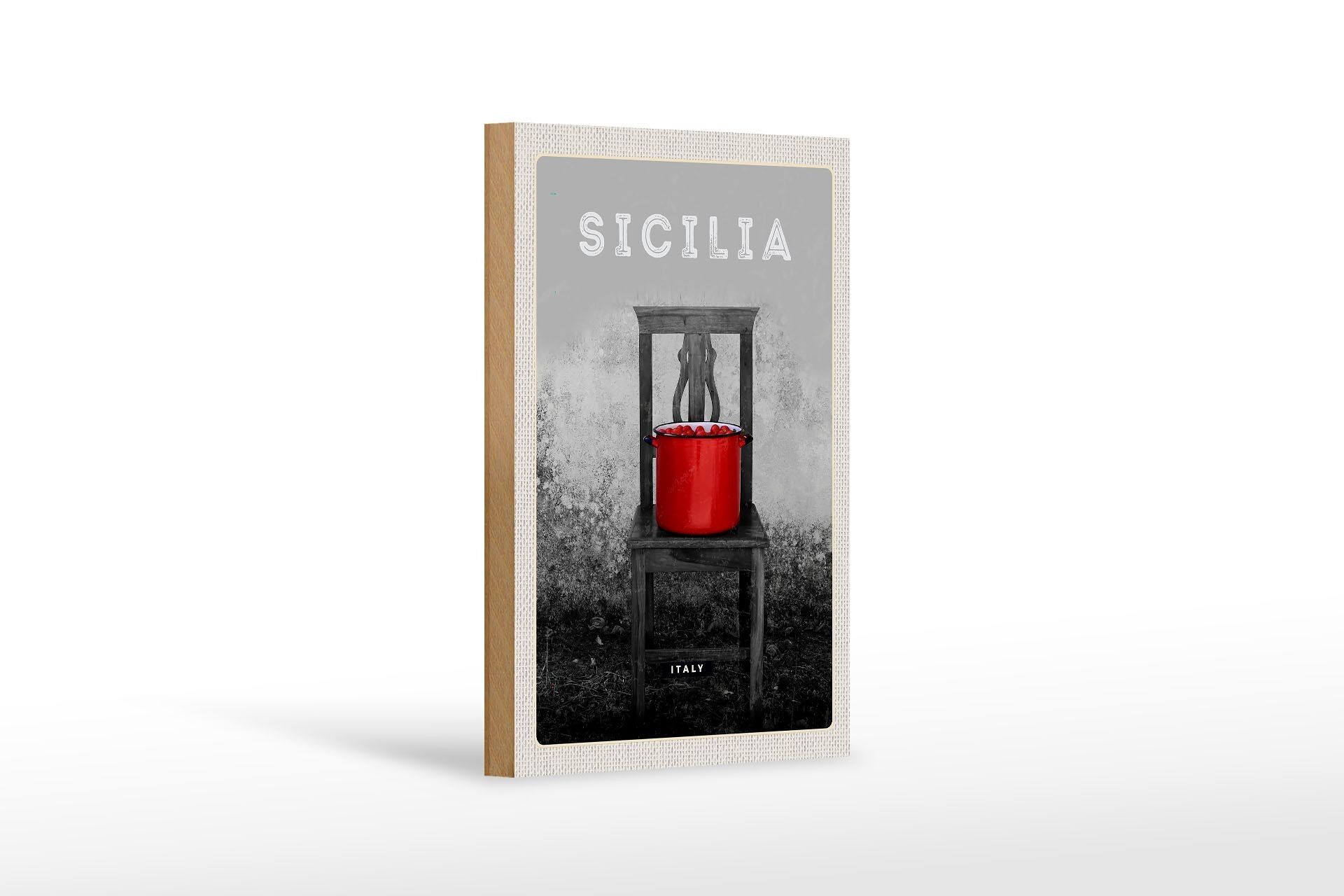 Holzschild Reise 12x18 cm Sizilien Italien Gemüse Tomaten Topf