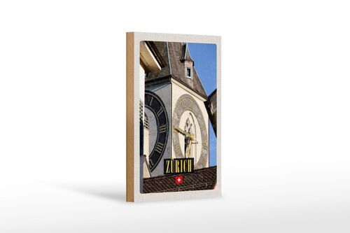Holzschild Reise 12x18 cm Zürich Kirchenuhr Gold Architektur