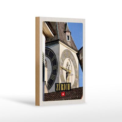 Cartel de madera de viaje 12x18 cm Reloj de la iglesia de Zúrich arquitectura dorada