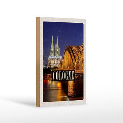 Cartel de madera de viaje 12x18 cm Puente de Colonia Catedral de la ciudad Luces de noche