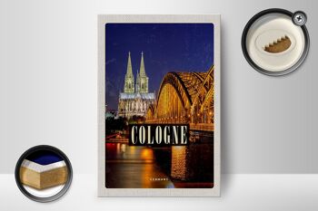 Panneau en bois voyage 12x18 cm Pont de Cologne Cathédrale de la ville Lumières du soir 2