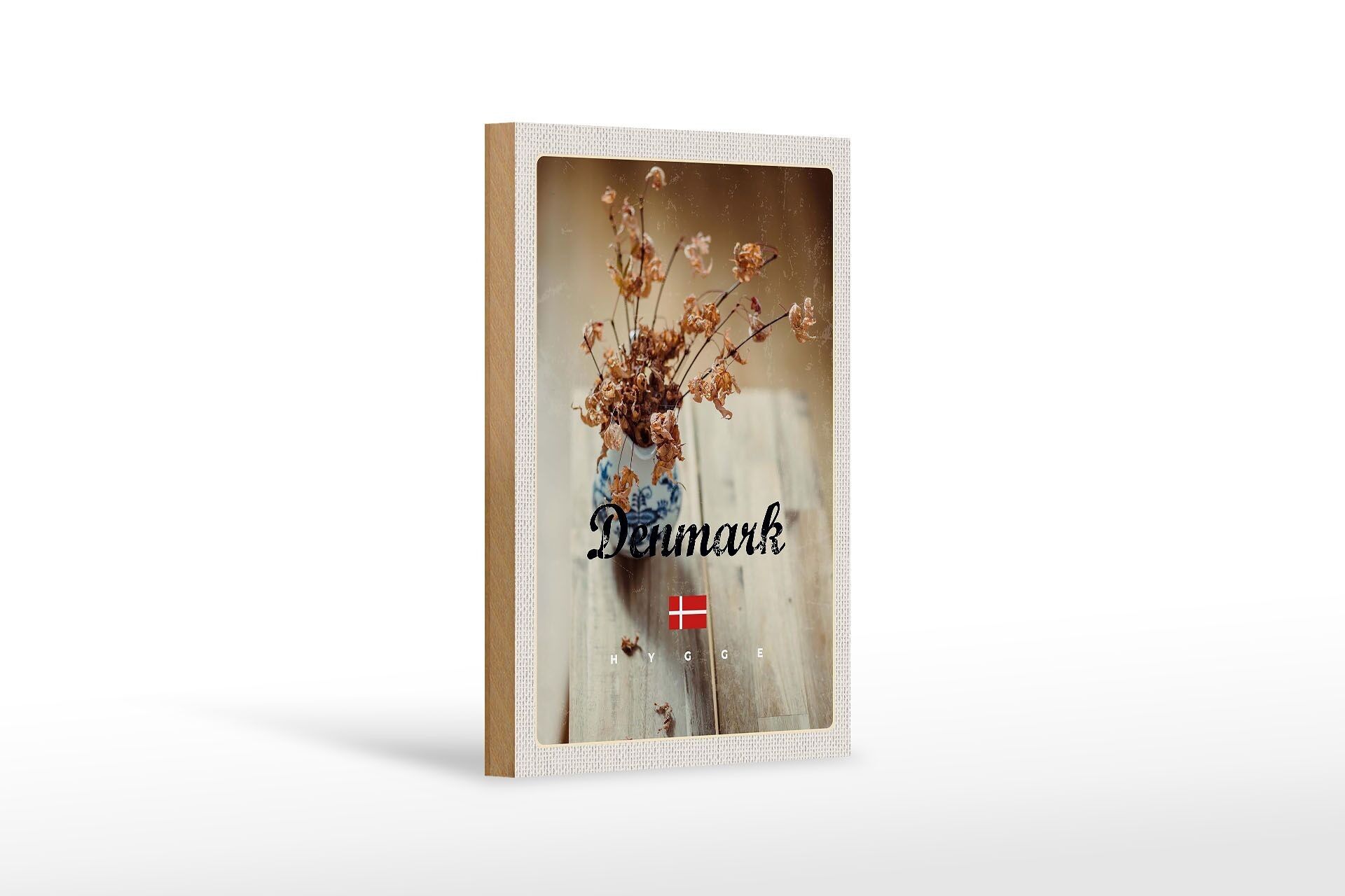 Cartello da viaggio in legno 12x18 cm Danimarca fiori appassiti in vaso