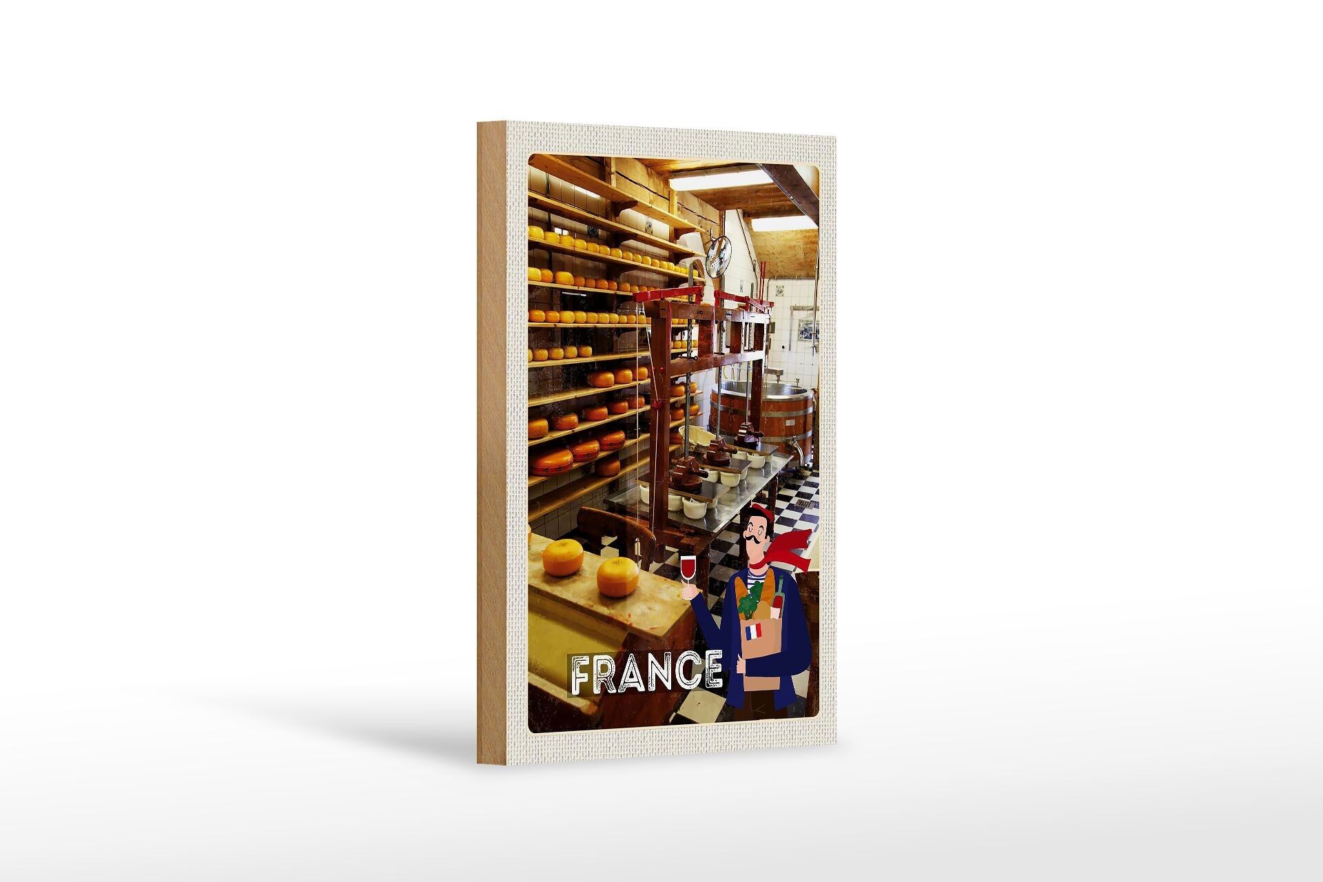 Cartel de madera de viaje 12x18cm Francia producción de máquinas de queso