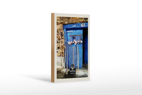 Holzschild Reise 12x18 cm Spanien Muscheln blaue Tür Gehstock