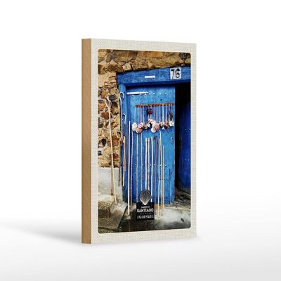 Cartel de madera viaje 12x18 cm España conchas puerta azul bastón