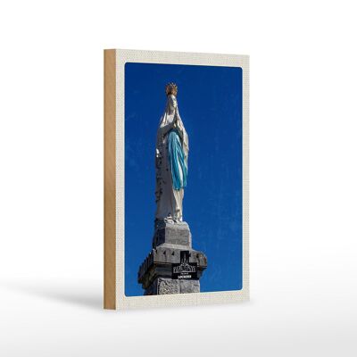 Panneau en bois voyage 12x18 cm France Lourdes sculpture or blanc