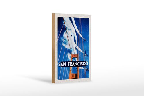 Holzschild Reise 12x18 cm San Francisco Brücke Flugzeug Himmel