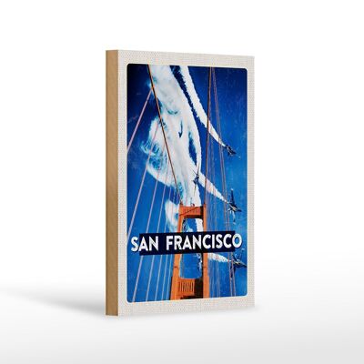 Holzschild Reise 12x18 cm San Francisco Brücke Flugzeug Himmel