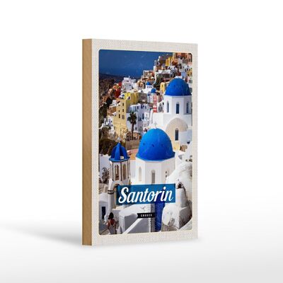 Cartel de madera viaje 12x18 cm Santorini Grecia ciudad blanco azul