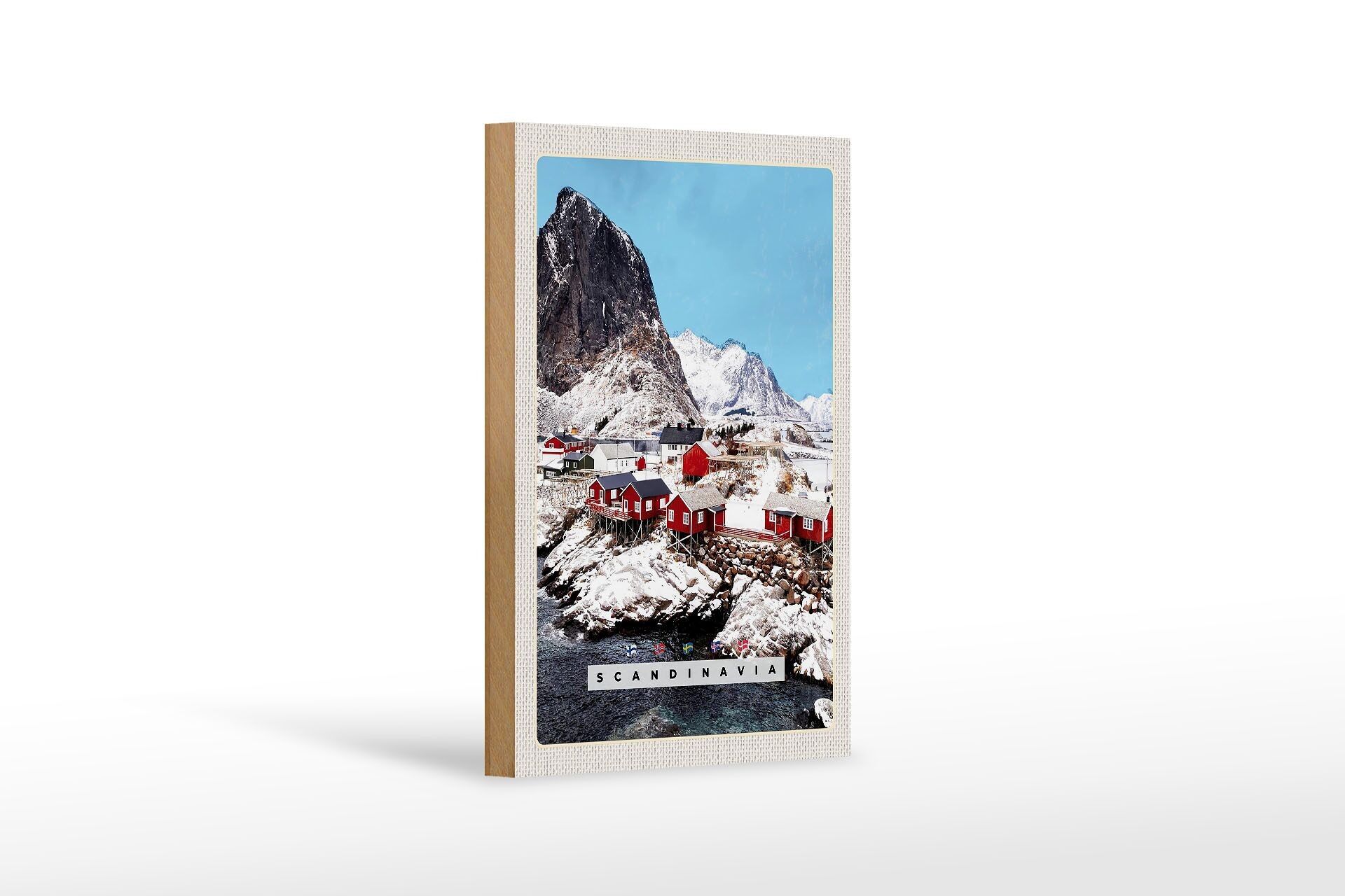 Cartello in legno da viaggio 12x18 cm Scandinavia case di neve montagne