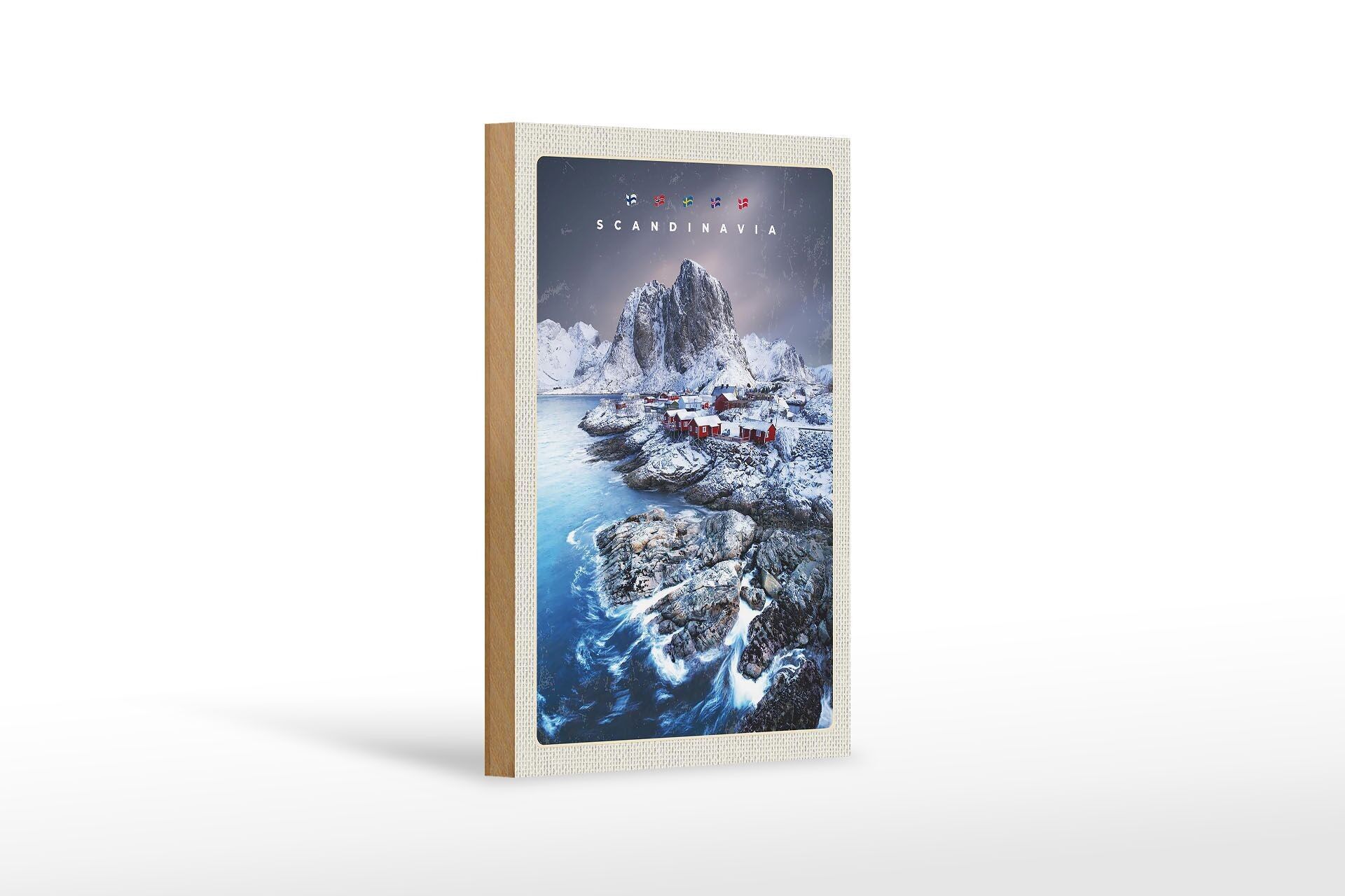 Cartello in legno da viaggio 12x18 cm Scandinavia neve mare montagne
