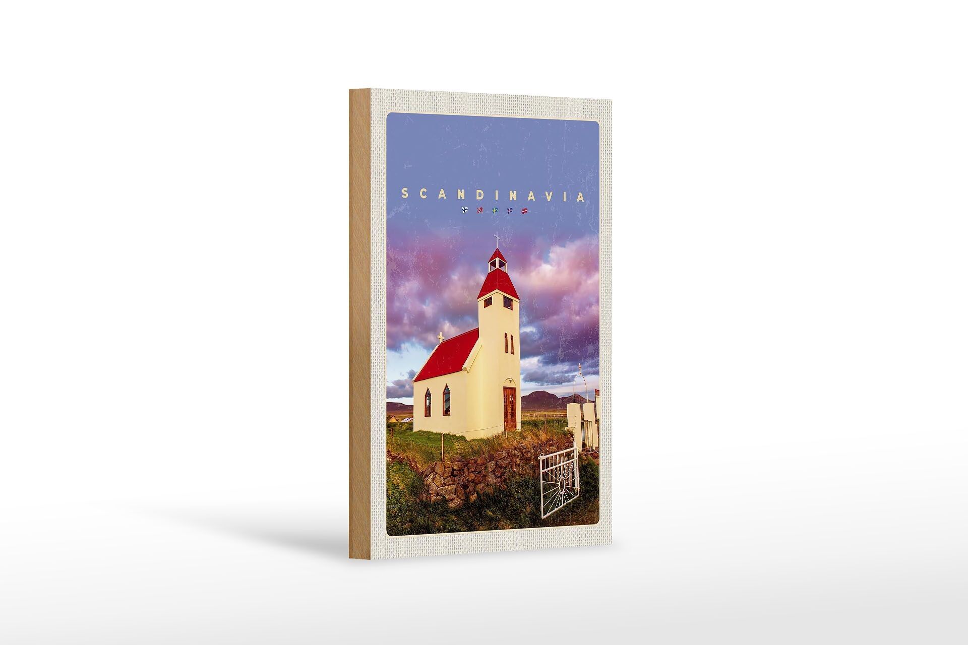 Cartello in legno da viaggio 12x18 cm Scandinavia casa tetto rosso prato natura