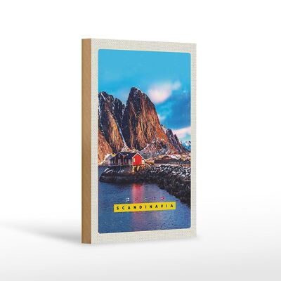 Cartel de madera viaje 12x18 cm Escandinavia montañas mar casas rojas