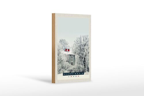 Holzschild Reise 12x18 cm Skandinavien Schnee Weiß Natur Haus