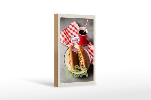 Holzschild Reise 12x18 cm Amerika USA Hot Dog Gurken Senf Cola