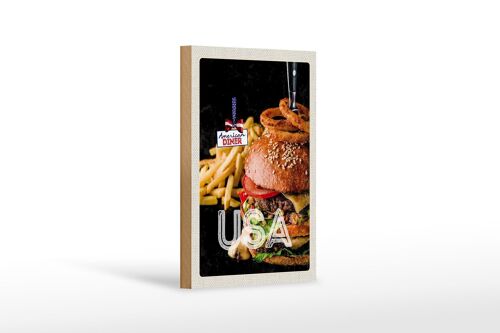 Holzschild Reise 12x18 cm USA Burger Pommes Zwiebelringe essen