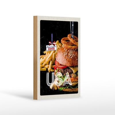 Cartel de madera viaje 12x18 cm USA hamburguesas fritas comiendo aros de cebolla