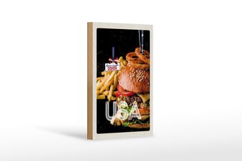 Panneau en bois voyage 12x18 cm USA burger frites mangeant des rondelles d'oignon 1