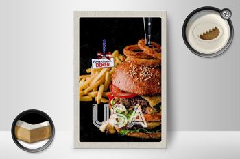 Panneau en bois voyage 12x18 cm USA burger frites mangeant des rondelles d'oignon 2
