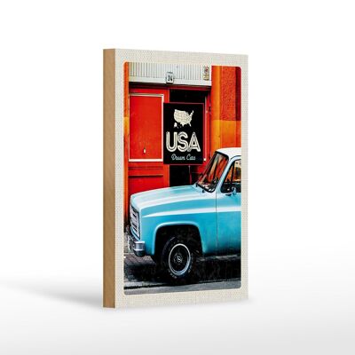 Cartel de madera viaje 12x18 cm EE.UU. coches antiguos azul América