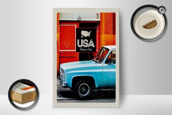 Panneau en bois voyage 12x18 cm USA vintage dram cars bleu Amérique 2