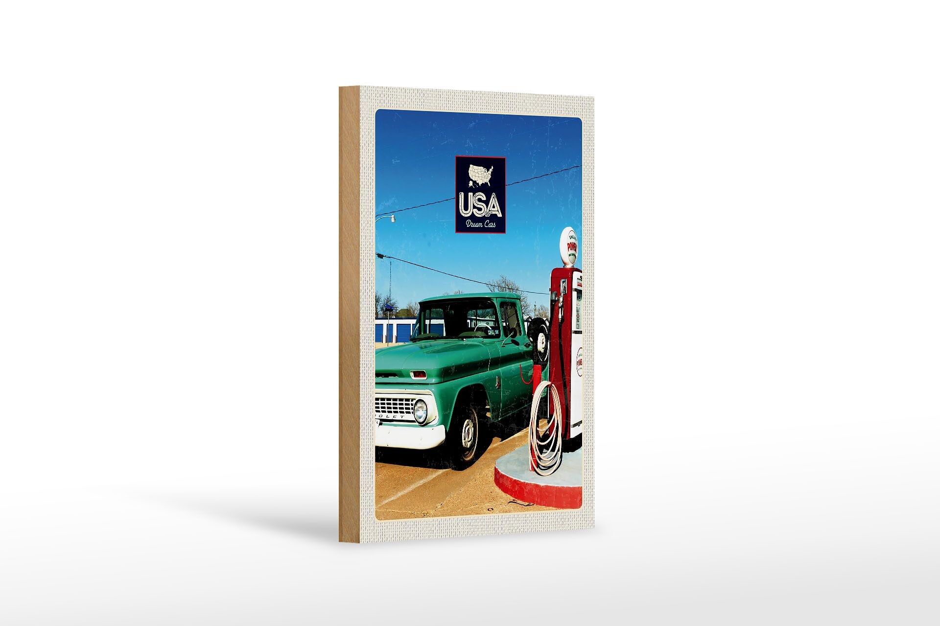 Panneau en bois voyage 12x18 cm Amérique vintage pompe à essence décoration voiture