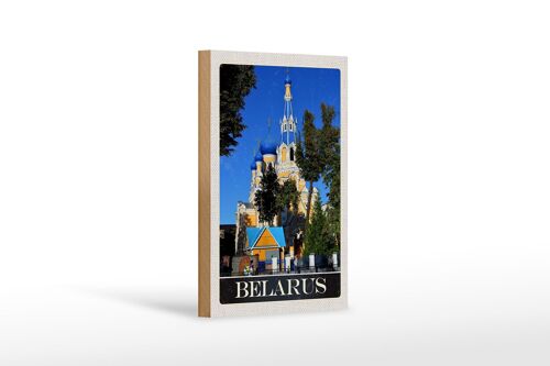 Holzschild Reise 12x18 cm Belarus Europa Architektur blau beige in sign