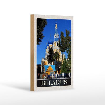 Cartel de madera viaje 12x18 cm Bielorrusia Europa arquitectura azul beige en cartel