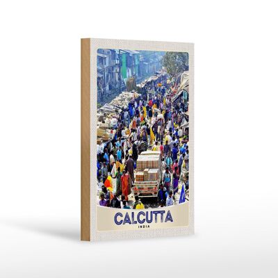 Cartello in legno da viaggio 12x18 cm Calcutta India 4,5 milioni di abitanti