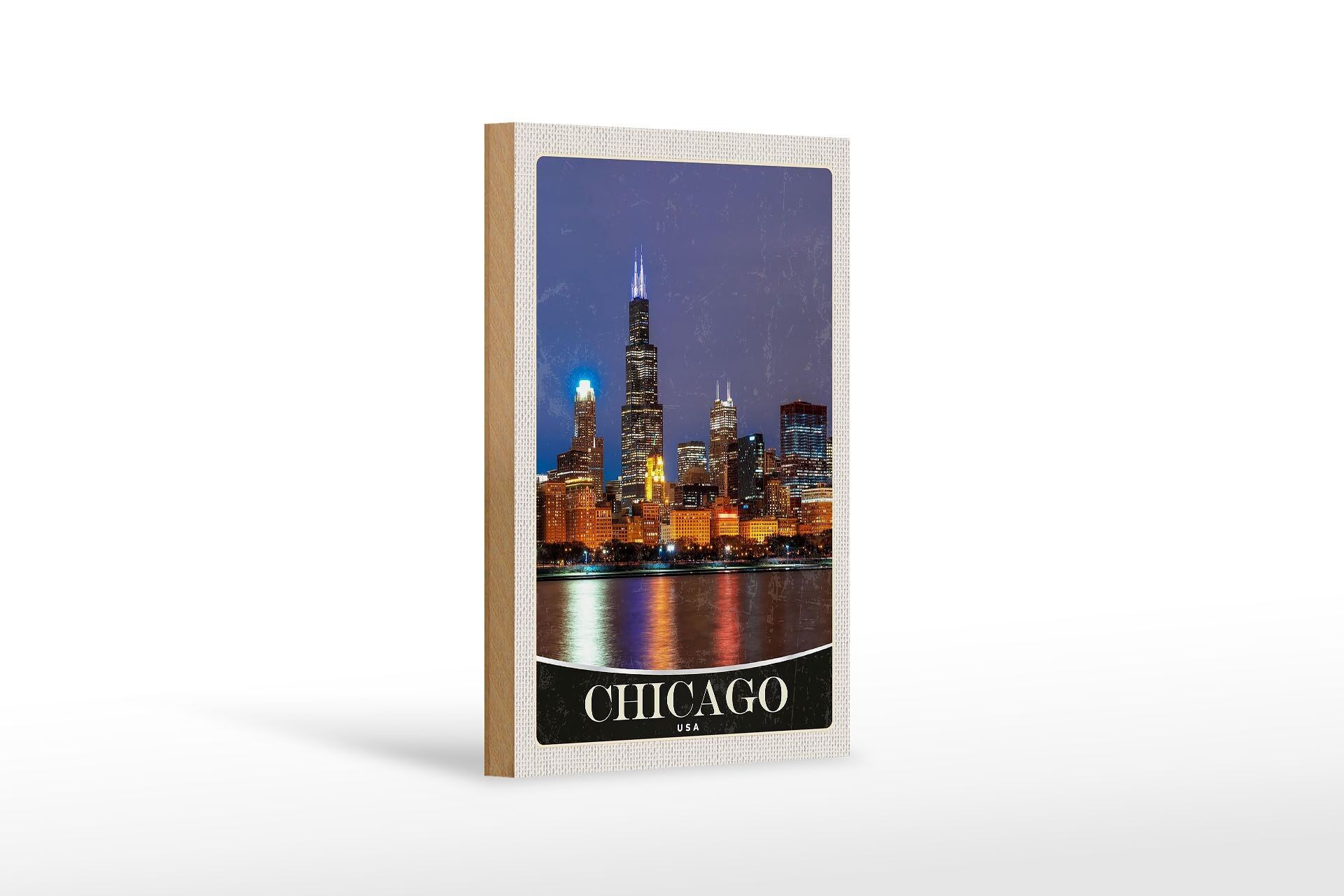 Wooden sign travel 12x18 cm Chicago USA America evening by the sea
